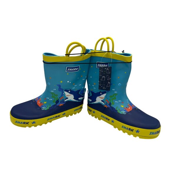Toddler Shark Design Rubber Rain Boots Size 13 Waterproof Durable Blue / Yellow - Picture 2 of 6